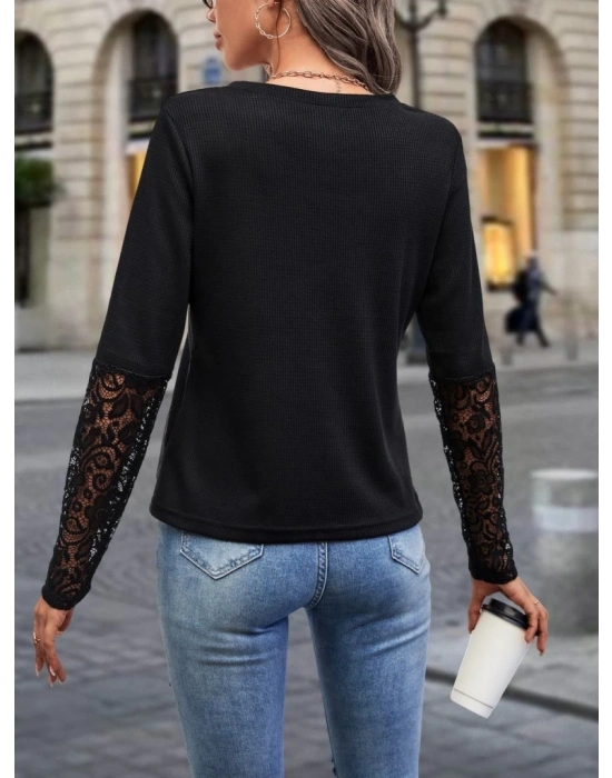 Kadın Uzun Kollu V Yakalı Dantelli Waffle Bluz