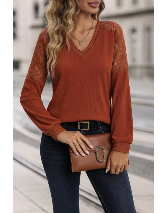 Kadın Uzun Kollu V Yakalı Dantelli Waffle Bluz