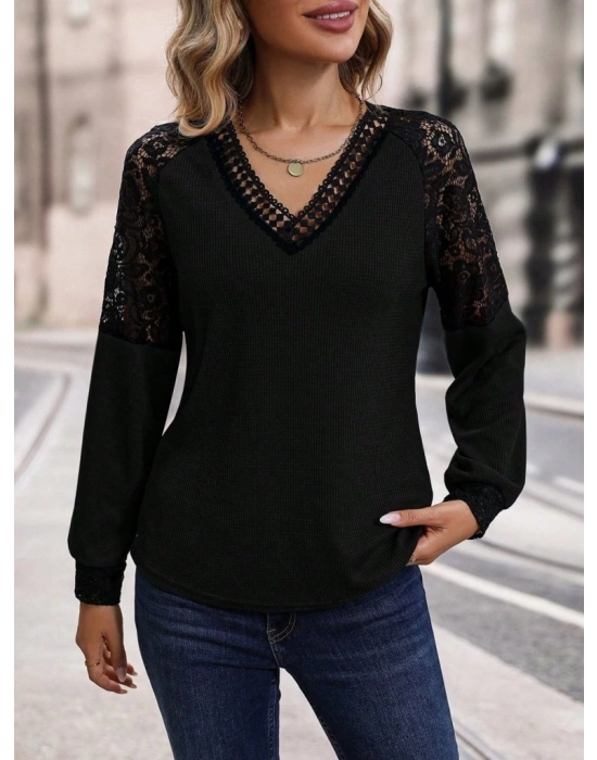 Kadın Uzun Kollu V Yakalı Dantelli Waffle Bluz
