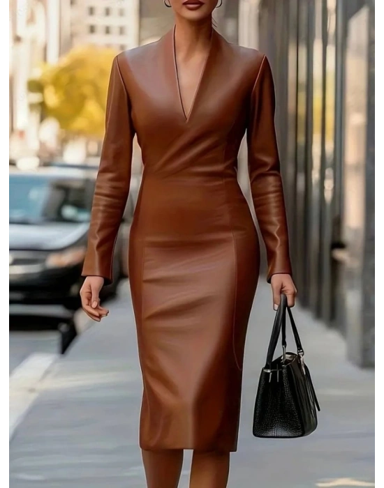 Kadın Uzun Kollu V Yakalı Deri Midi Elbise
