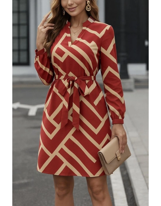 Kadın Uzun Kollu V Yakalı Desenli Belinde Kuşaklı Dalgıç Elbise