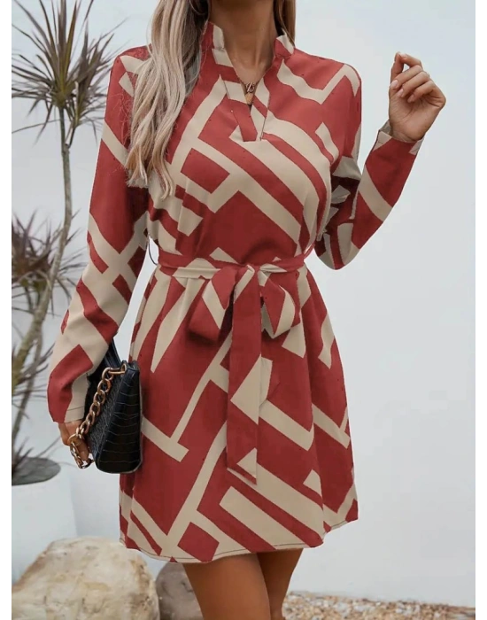 Kadın Uzun Kollu V Yakalı Desenli Belinde Kuşaklı Dalgıç Elbise