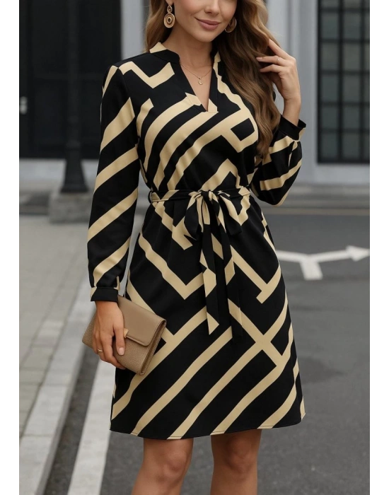 Kadın Uzun Kollu V Yakalı Desenli Belinde Kuşaklı Dalgıç Elbise