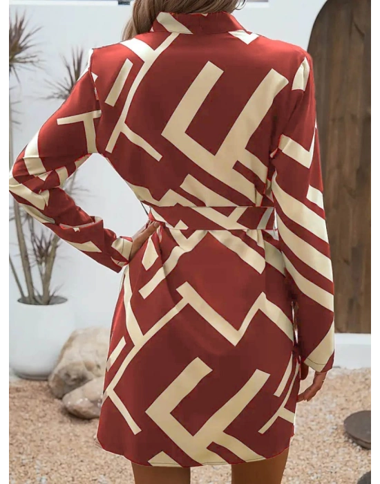 Kadın Uzun Kollu V Yakalı Desenli Belinde Kuşaklı Dalgıç Elbise