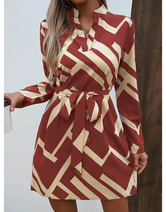 Kadın Uzun Kollu V Yakalı Desenli Belinde Kuşaklı Dalgıç Elbise