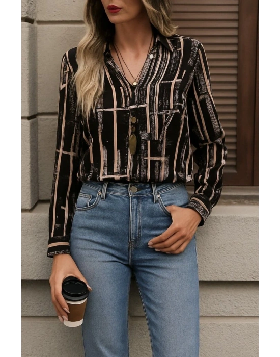 Kadın Uzun Kollu V Yakalı Desenli Dalgıç Bluz