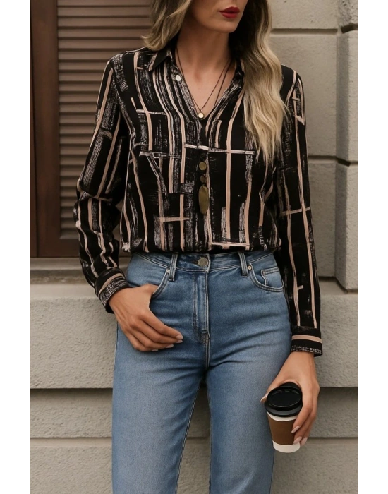 Kadın Uzun Kollu V Yakalı Desenli Dalgıç Bluz