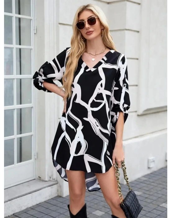 Kadın Uzun Kollu V Yakalı Desenli Dalgıç Elbise