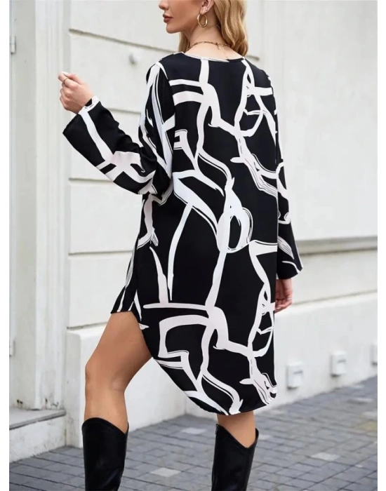 Kadın Uzun Kollu V Yakalı Desenli Dalgıç Elbise
