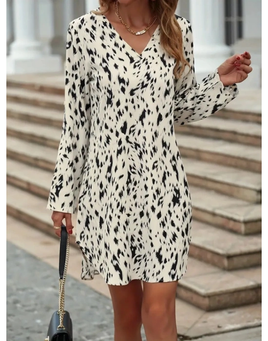 Kadın Uzun Kollu V Yakalı Desenli Kısa Keten Elbise