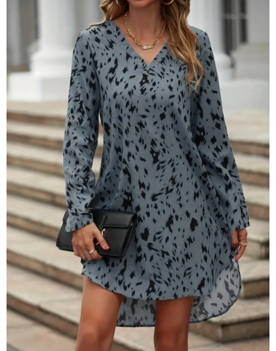 Kadın Uzun Kollu V Yakalı Desenli Kısa Keten Elbise