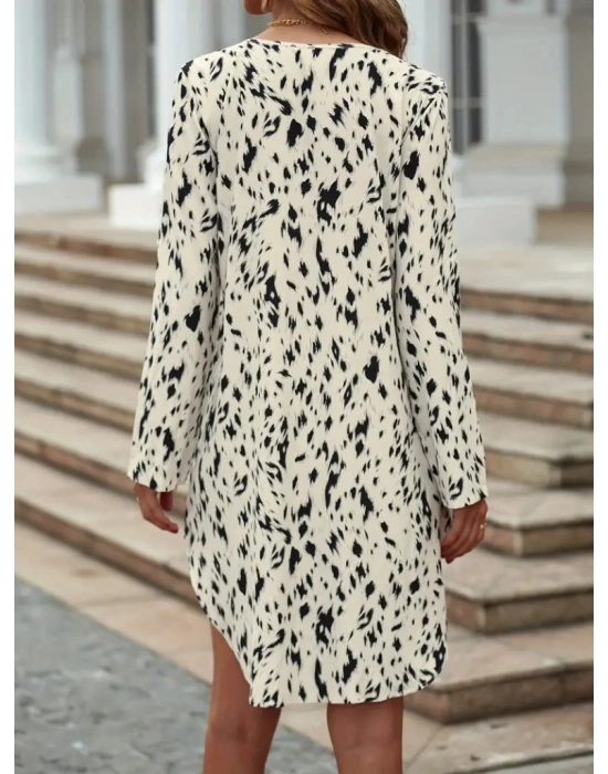 Kadın Uzun Kollu V Yakalı Desenli Kısa Keten Elbise