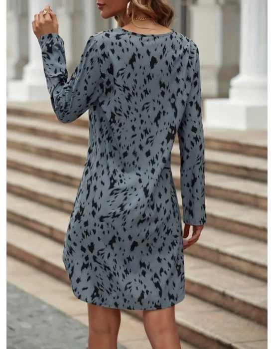 Kadın Uzun Kollu V Yakalı Desenli Kısa Keten Elbise