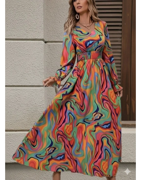 Kadın Uzun Kollu V Yakalı Desenli Maxi Süprem Elbise