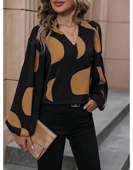 Kadın Uzun Kollu V Yakalı Desenli Modal Bluz