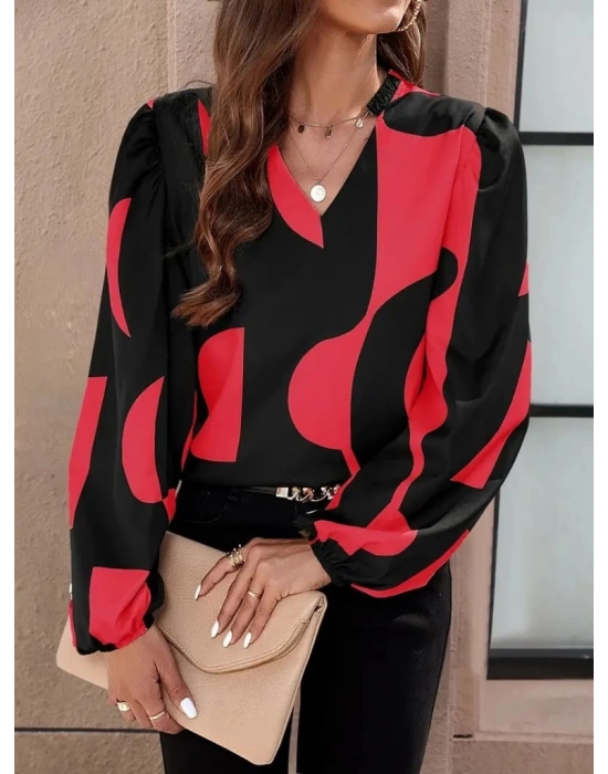 Kadın Uzun Kollu V Yakalı Desenli Modal Bluz