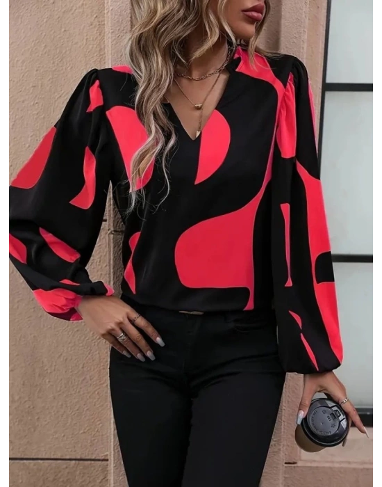 Kadın Uzun Kollu V Yakalı Desenli Modal Bluz
