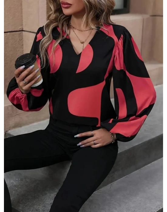 Kadın Uzun Kollu V Yakalı Desenli Modal Bluz