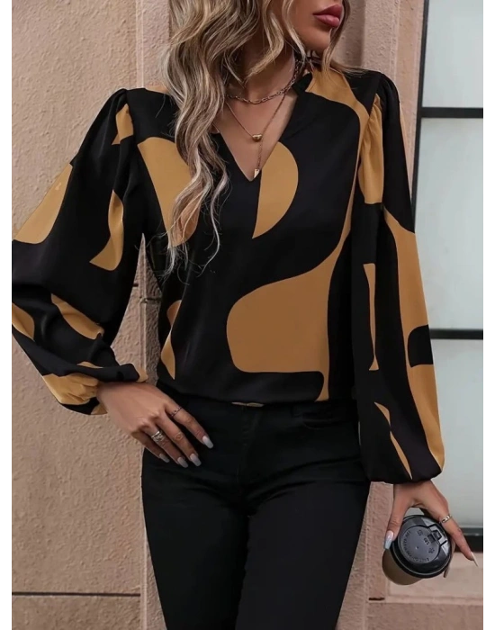 Kadın Uzun Kollu V Yakalı Desenli Modal Bluz