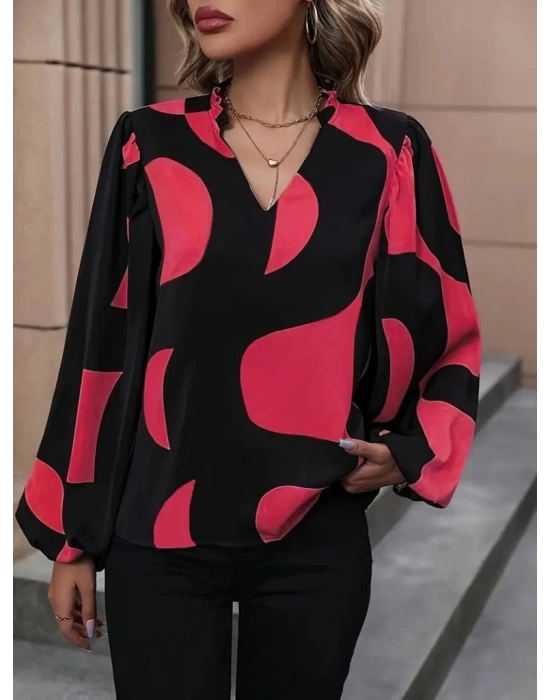 Kadın Uzun Kollu V Yakalı Desenli Modal Bluz