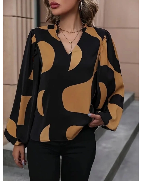 Kadın Uzun Kollu V Yakalı Desenli Modal Bluz
