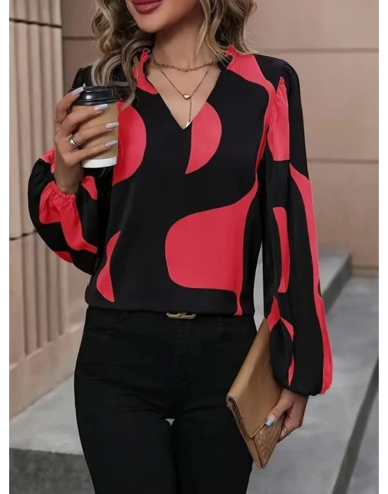 Kadın Uzun Kollu V Yakalı Desenli Modal Bluz