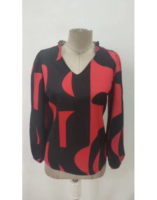 Kadın Uzun Kollu V Yakalı Desenli Modal Bluz