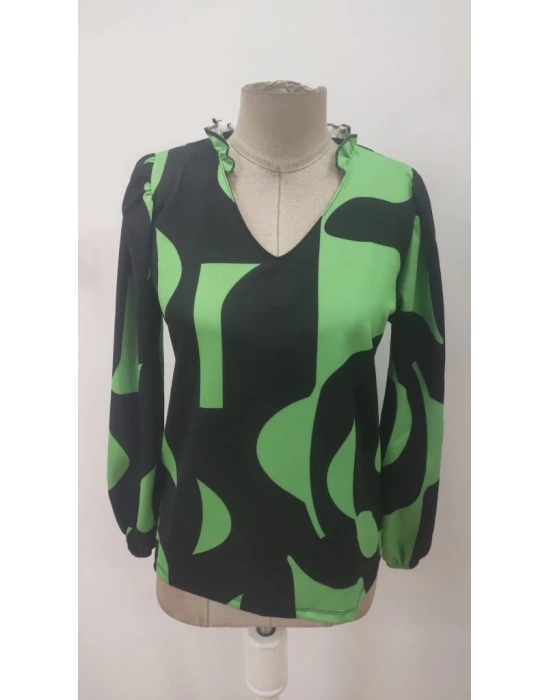 Kadın Uzun Kollu V Yakalı Desenli Modal Bluz