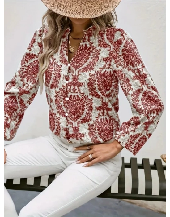 Kadın Uzun Kollu V Yakalı Desenli önü Düğmeli Ithal Keten Bluz