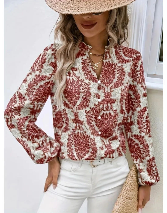 Kadın Uzun Kollu V Yakalı Desenli önü Düğmeli Ithal Keten Bluz