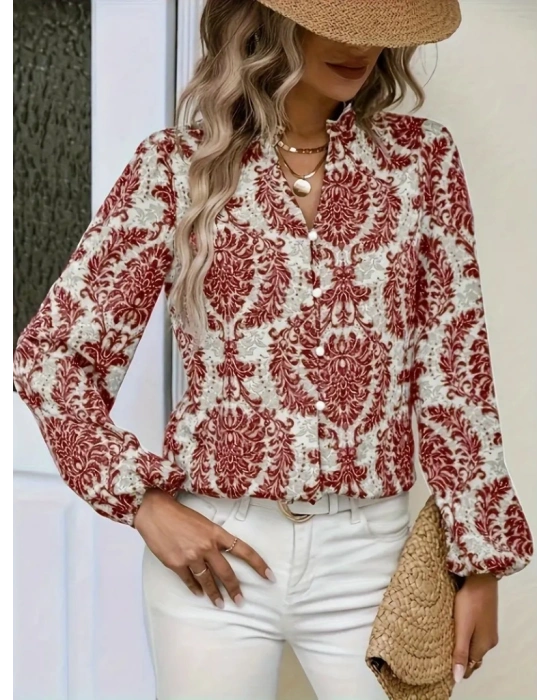 Kadın Uzun Kollu V Yakalı Desenli önü Düğmeli Ithal Keten Bluz