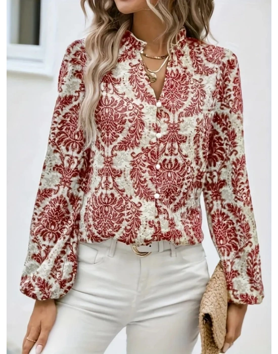 Kadın Uzun Kollu V Yakalı Desenli önü Düğmeli Ithal Keten Bluz