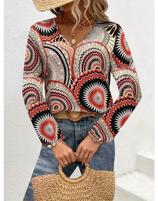 Kadın Uzun Kollu V Yakalı Desenli Süprem Bluz