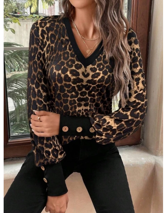 Kadın Uzun Kollu V Yakalı Desenli Süprem Bluz