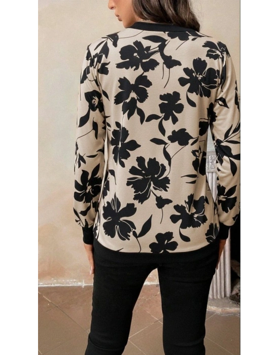 Kadın Uzun Kollu V Yakalı Desenli Süprem Bluz