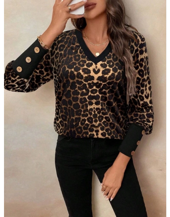 Kadın Uzun Kollu V Yakalı Desenli Süprem Bluz