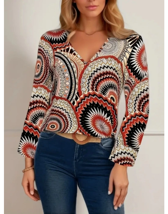 Kadın Uzun Kollu V Yakalı Desenli Süprem Bluz