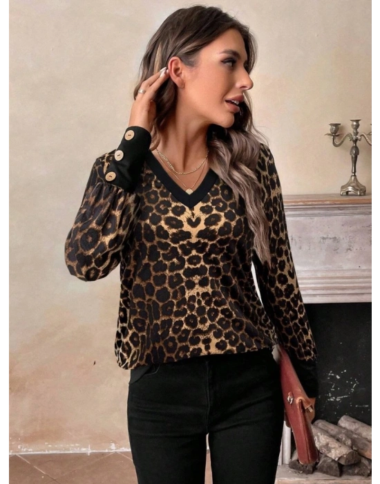 Kadın Uzun Kollu V Yakalı Desenli Süprem Bluz
