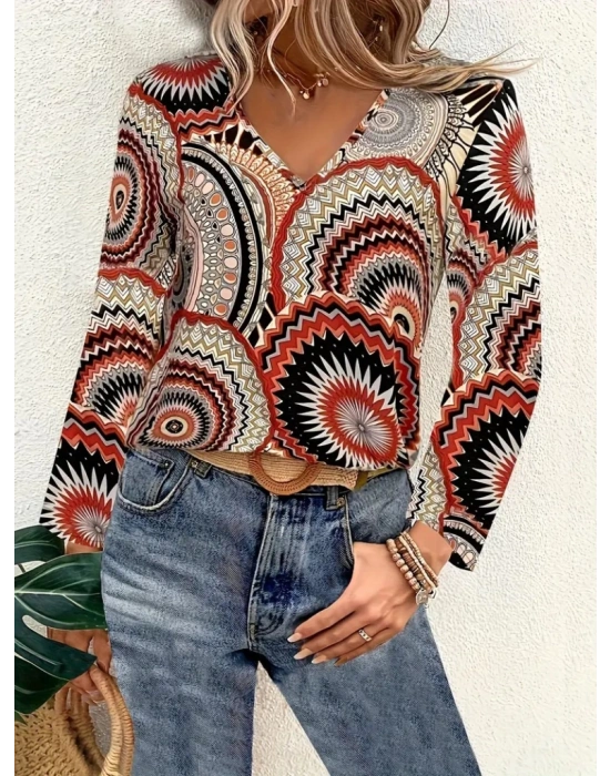 Kadın Uzun Kollu V Yakalı Desenli Süprem Bluz