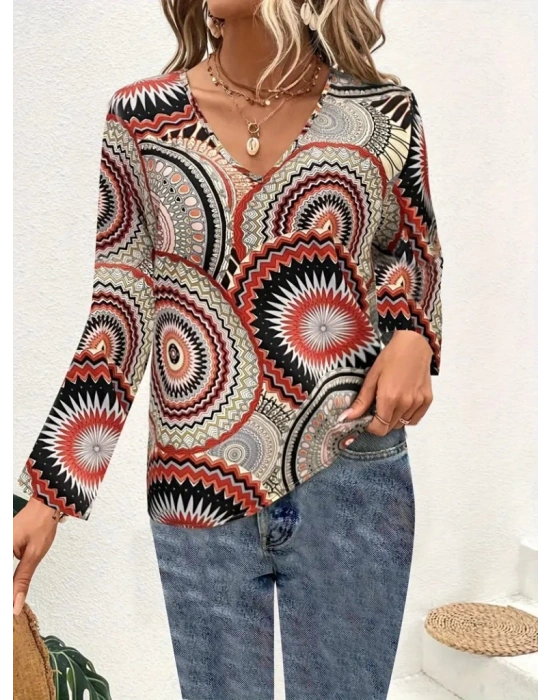 Kadın Uzun Kollu V Yakalı Desenli Süprem Bluz