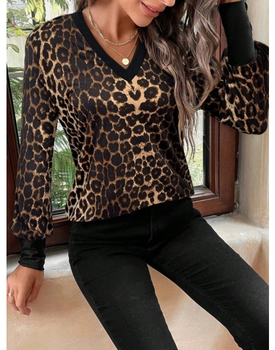 Kadın Uzun Kollu V Yakalı Desenli Süprem Bluz