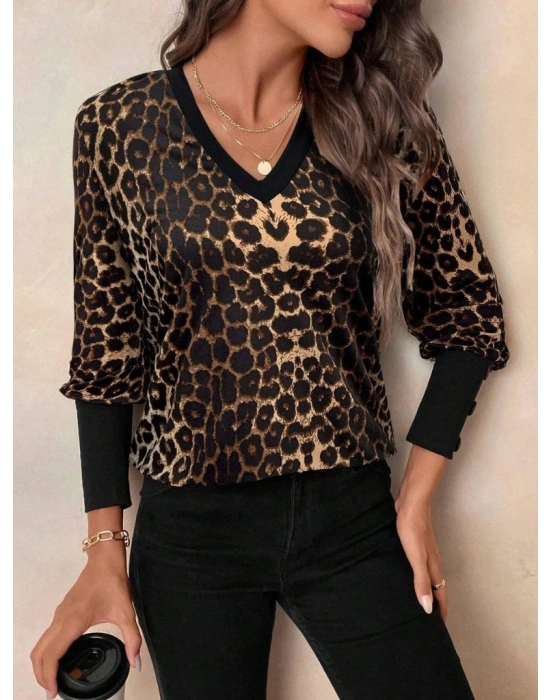Kadın Uzun Kollu V Yakalı Desenli Süprem Bluz