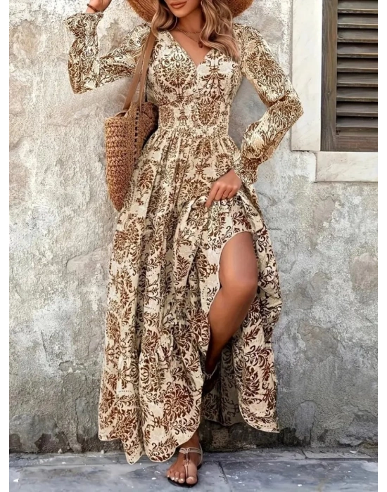 Kadın Uzun Kollu V Yakalı Desenli Süprem Elbise