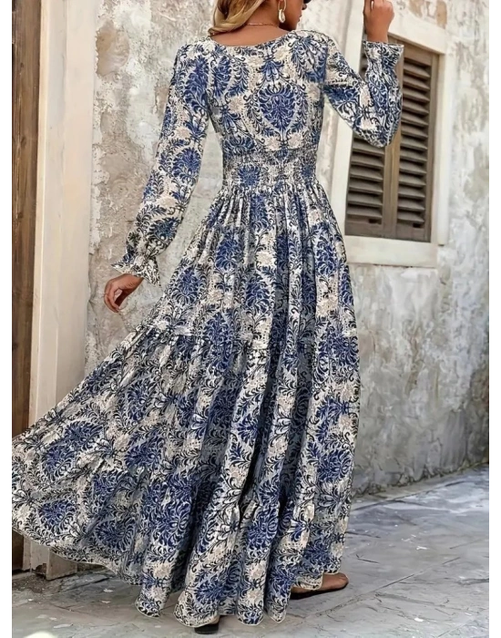 Kadın Uzun Kollu V Yakalı Desenli Süprem Elbise