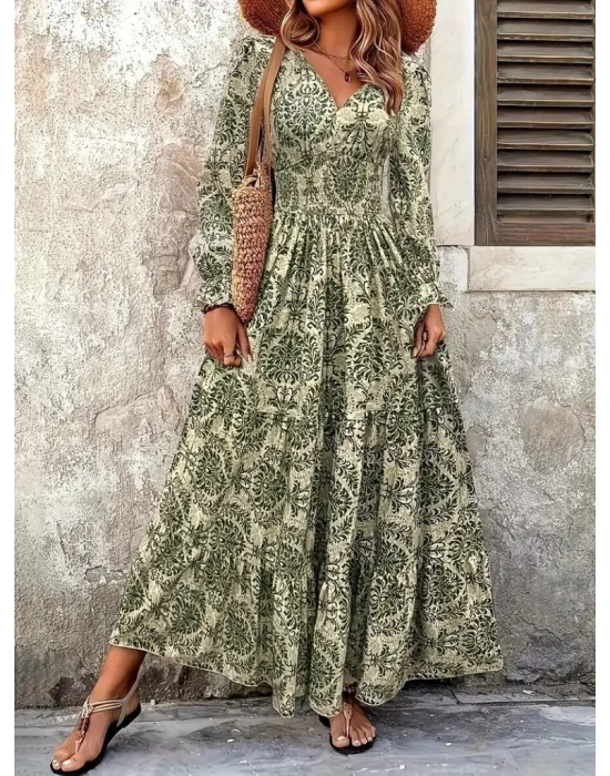 Kadın Uzun Kollu V Yakalı Desenli Süprem Elbise