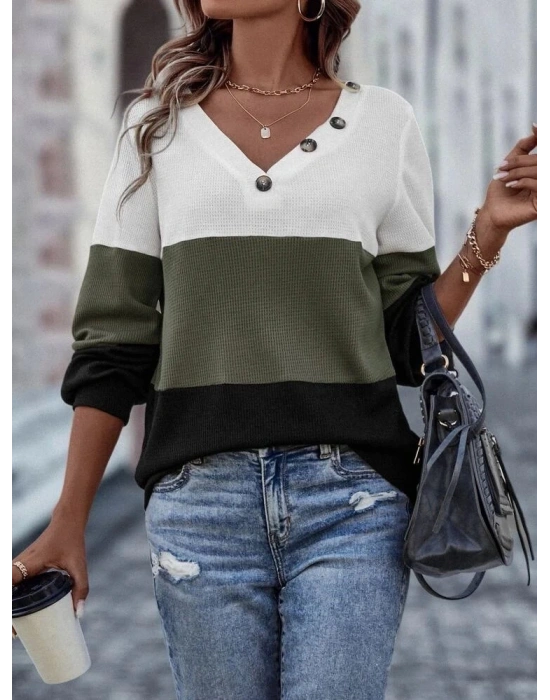 Kadın Uzun Kollu V Yakalı Düğmeli çok Renkli Waffle Bluz