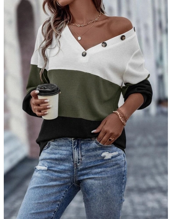 Kadın Uzun Kollu V Yakalı Düğmeli çok Renkli Waffle Bluz