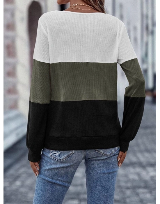 Kadın Uzun Kollu V Yakalı Düğmeli çok Renkli Waffle Bluz