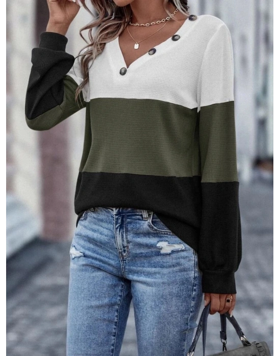 Kadın Uzun Kollu V Yakalı Düğmeli çok Renkli Waffle Bluz