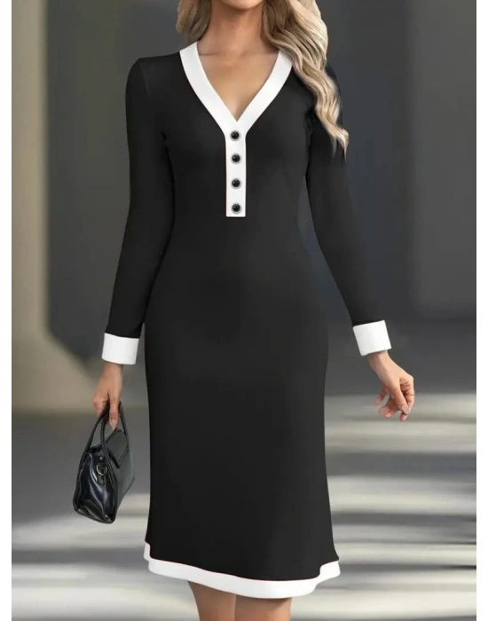 Kadın Uzun Kollu V Yakalı Düğmeli Midi Modal Elbise
